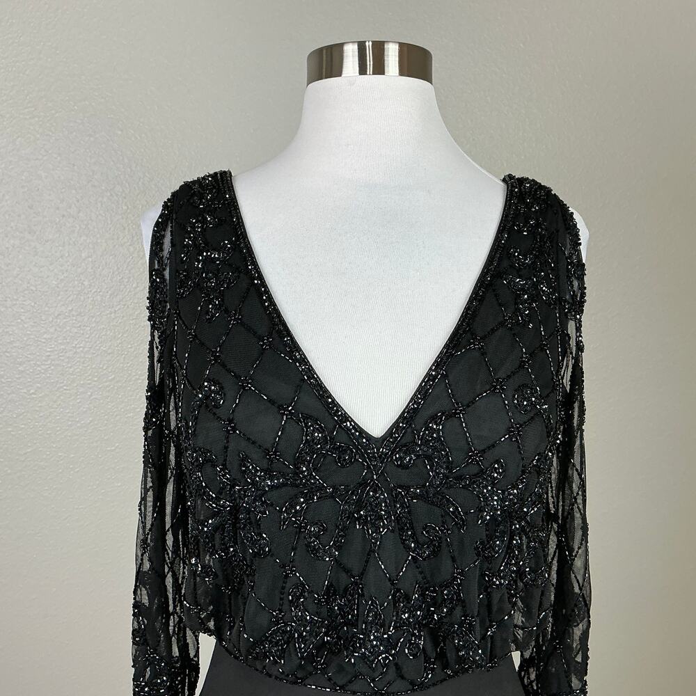 JKara Women's Beaded Cold Shoulder Long A-Line Evening Gown Black Size 4 Dress - Picture 8 of 11
